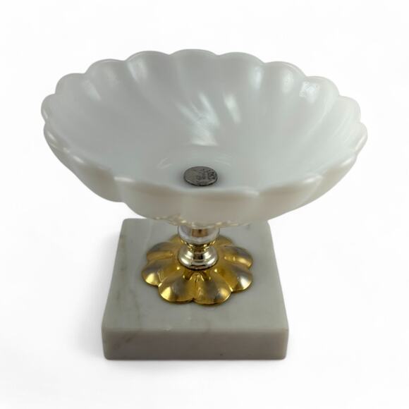 Vintage White Milk Glass Compote Dish Brass Accents on Marble Base, Mid-Century - Picture 2 of 7